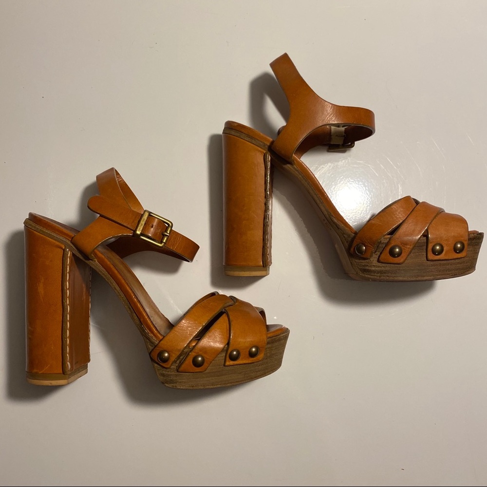 Chloe Clog Cognac Brown Platform Chunky Heels - Picture 5 of 17